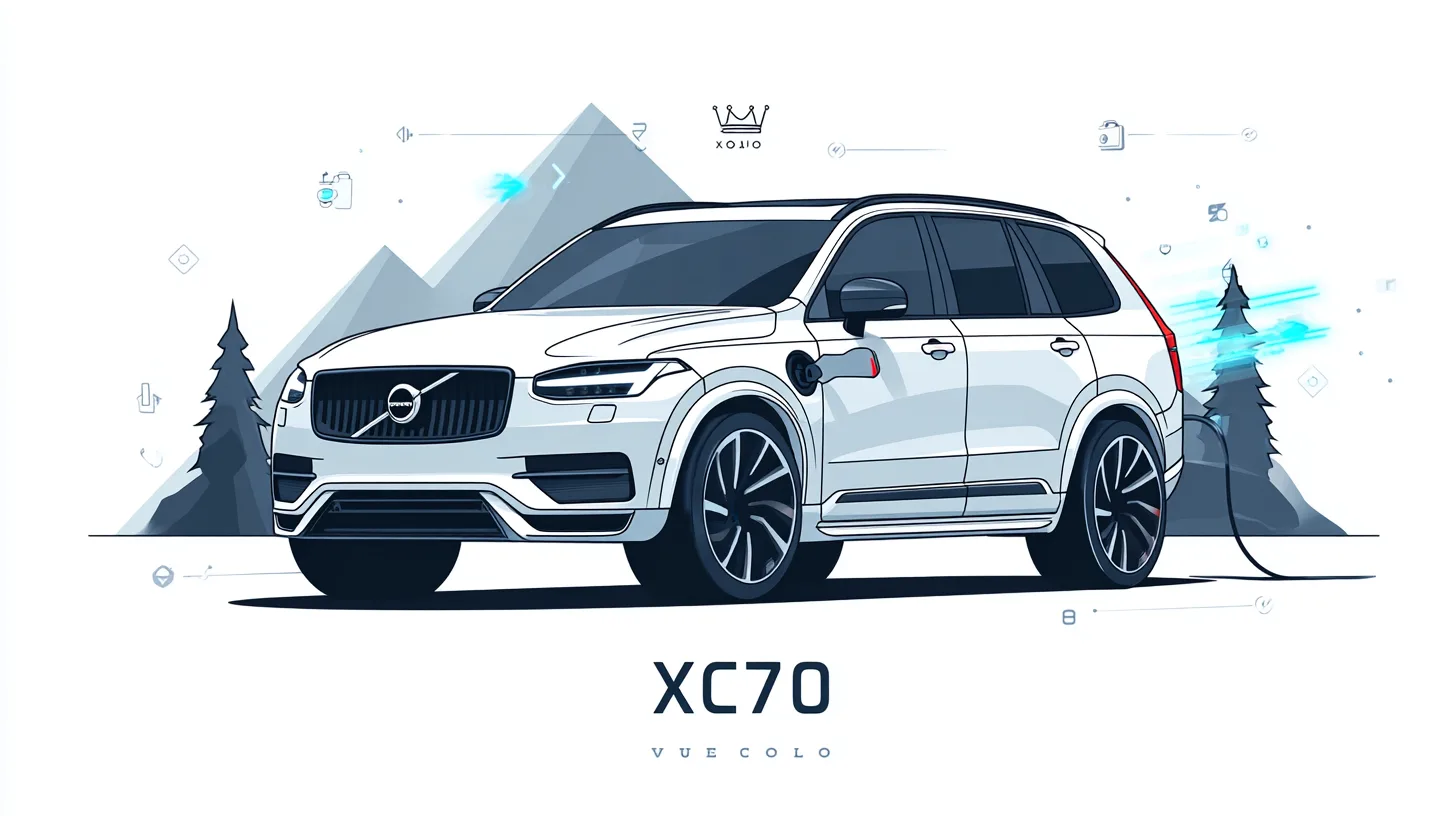 ولوو XC70 هیبرید Subject Volvo XC70 Hybrid Style Clean flat vector illustration Modern Scandinavian-inspired design Minimal and premium White background Thick black outlines Bright professional lighting No texture No 3D effects No photorealism High-end editorial vector style Color Palette White Deep Blue (#303F9F) Light Blue Very Light Gray Red (#D32F2F) only for small highlights Black only for outlines Main Composition Large Volvo XC70 Hybrid SUV centered in the image Front three-quarter angle view Modern LED headlights Elegant hybrid crossover proportions Clean aerodynamic body lines Large alloy wheels illustrated in flat vector style Hybrid energy glow represented with light-blue electric lines Battery icon and eco-energy symbols integrated subtly around the vehicle Minimal Scandinavian mountains and road elements in the background Small charging symbol and leaf icon as secondary elements Balanced and symmetrical composition Vehicle as the dominant focal point Layout Large white empty space around the car Bottom section reserved for title Crown logo icon centered above text (same style as reference) Only one text line at the bottom Bottom Text ولوو XC70 هیبرید Typography Persian font similar to Yekan Bold Small size Dark navy color No shadow No border Center aligned Restrictions No people No characters No watermark No English text No additional labels No logos on vehicle grille No realistic rendering No cluttered background Visual Feeling Premium, futuristic, eco-friendly, Scandinavian, trustworthy, modern automotive editorial illustration suitable for Iran Bests website. سبک و رنگ بندی مثل تصویر پیوست باشه